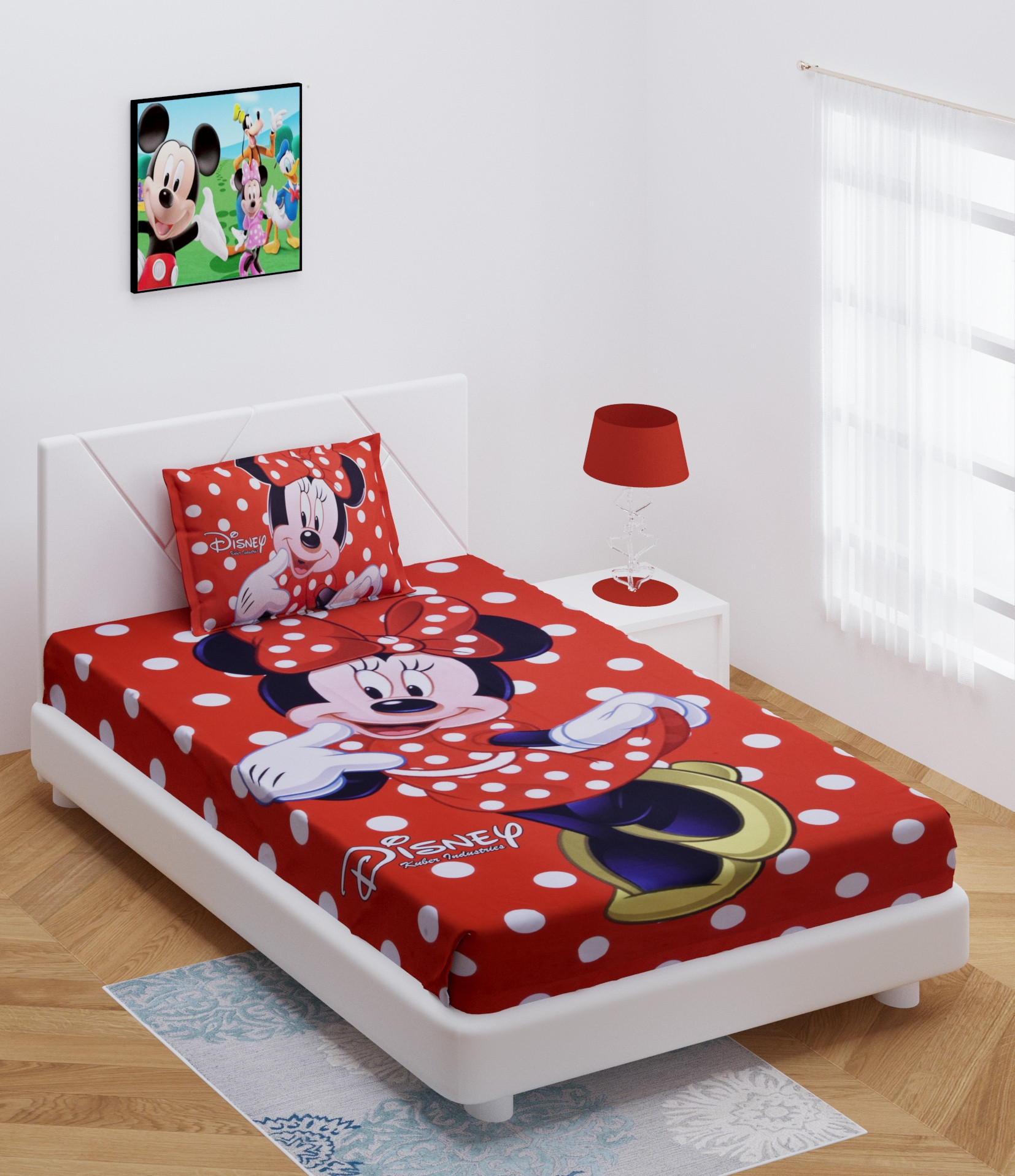 Kuber Industries Disney Minnie Print Silk Special long Crush Single Bedsheet with 1 Pillow Cover (Red)