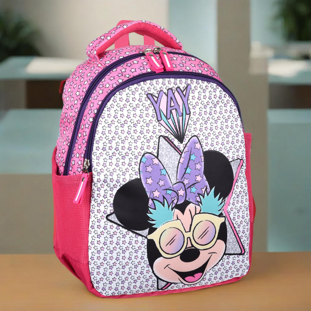 Kuber Industries Disney Minnie Star Backpack | School Backpack for Kids | College Backpack | School Bag for Boys &amp; Girls | 3 Compartments School Backpack | Spacious &amp; Multiple Pockets | Pink