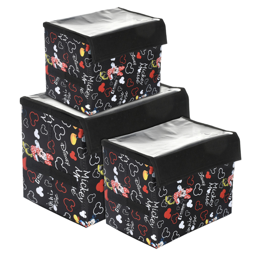 Kuber Industries Disney Minnie Storage Box|Non-Woven Small|Medium|Large Storage Organizer for Toys|Cloths with Transparent Lid &amp; Handle|Pack of 3 (Black)