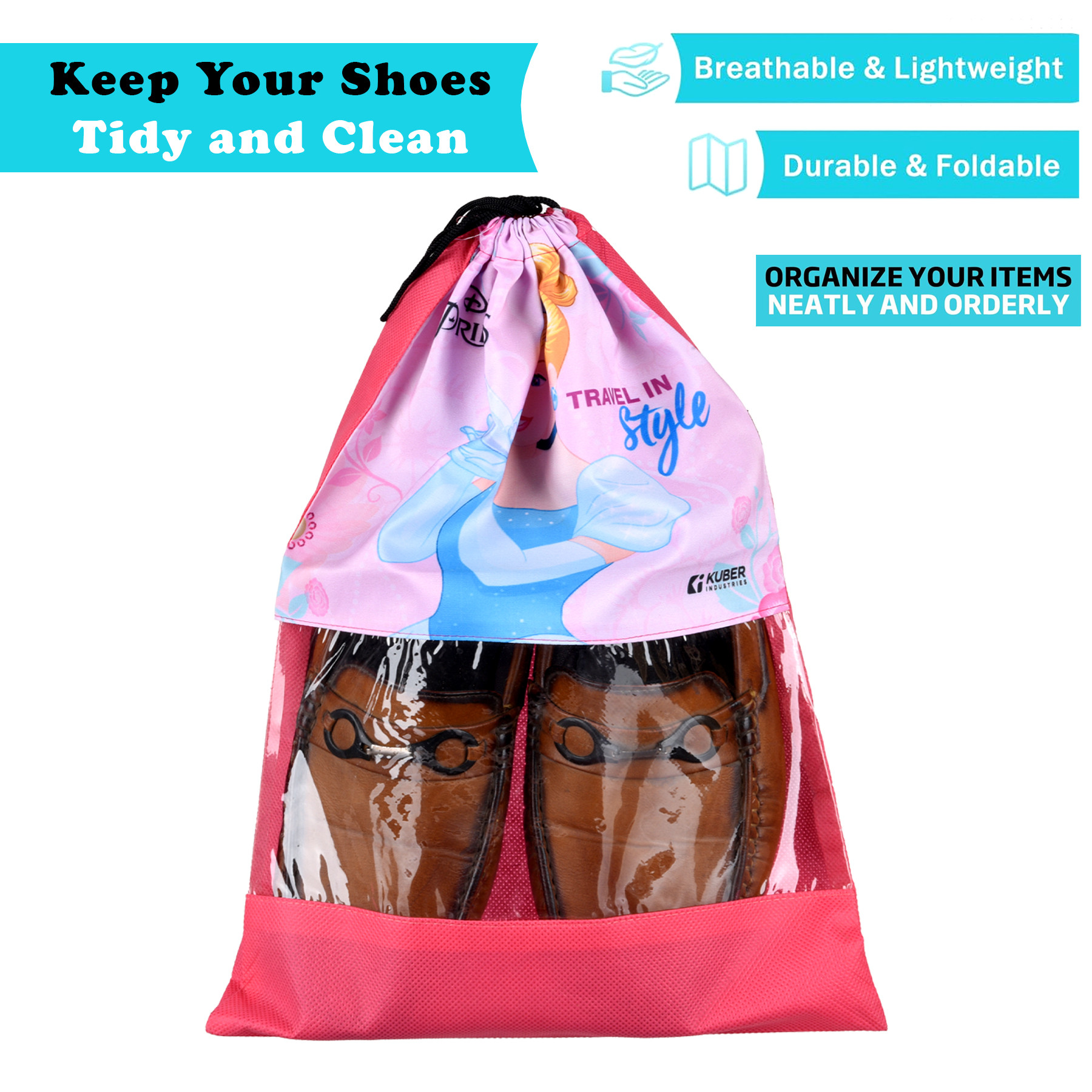 Kuber Industries Disney Princess Shoe Bags | Shoe Bags for Travel | Drawstring Shoe Storage Bags | Storage Organizers Set | Shoe Cover with Transparent Window | Shoe Pouches | Pink