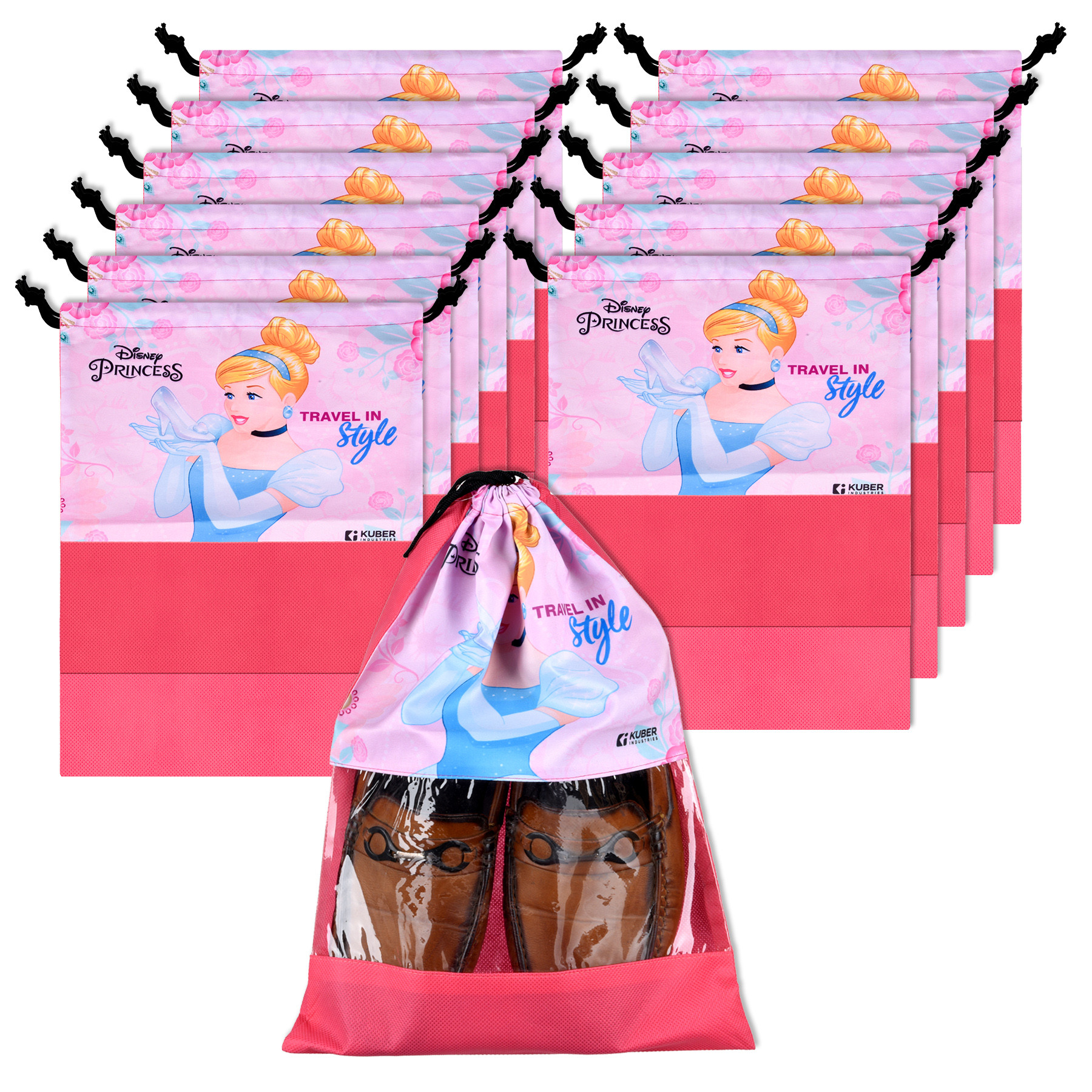 Kuber Industries Disney Princess Shoe Bags | Shoe Bags for Travel | Drawstring Shoe Storage Bags | Storage Organizers Set | Shoe Cover with Transparent Window | Shoe Pouches | Pink