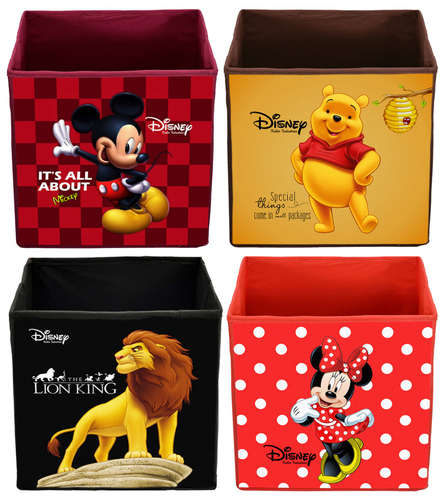 Kuber Industries Disney Print Non Woven Fabric 4 Pieces Foldable Large Size Storage Cube Toy,Books,Shoes Storage Box With Handle (Black,Red,Maroon &amp; Brown)