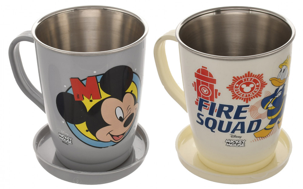 Kuber Industries Disney Printed Food Grade BPA Free Tea/Coffee Mug for Coffee Tea Cocoa, Camping Mugs with Lid, Pack of 2 (Light Grey &amp; Cream)