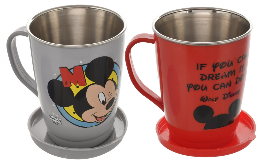 Kuber Industries Disney Printed Food Grade BPA Free Tea/Coffee Mug for Coffee Tea Cocoa, Camping Mugs with Lid, Pack of 2 (Light Grey &amp; Red)