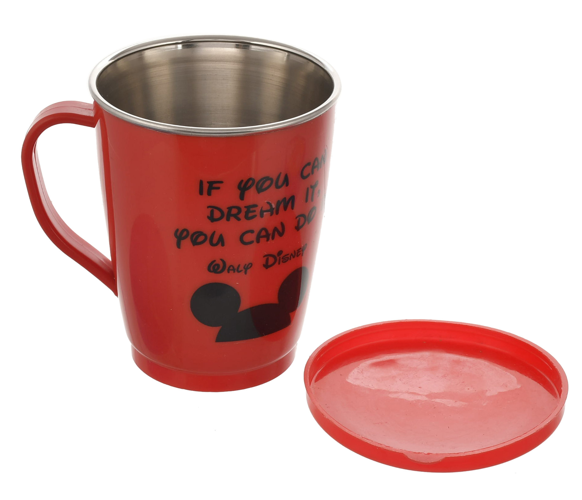 Kuber Industries Disney Printed Food Grade BPA Free Tea/Coffee Mug for Coffee Tea Cocoa, Camping Mugs with Lid, Pack of 2 (Light Grey & Red)