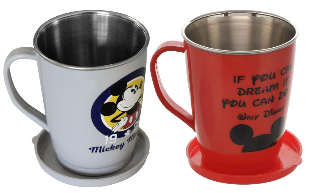 Kuber Industries Disney Printed Food Grade BPA Free Tea/Coffee Mug for Coffee Tea Cocoa, Camping Mugs with Lid, Pack of 2 (Grey &amp; Red)
