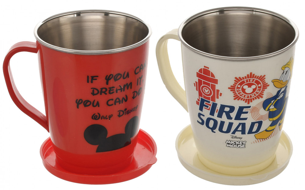 Kuber Industries Disney Printed Food Grade BPA Free Tea/Coffee Mug for Coffee Tea Cocoa, Camping Mugs with Lid, Pack of 2 (Red &amp; Cream)