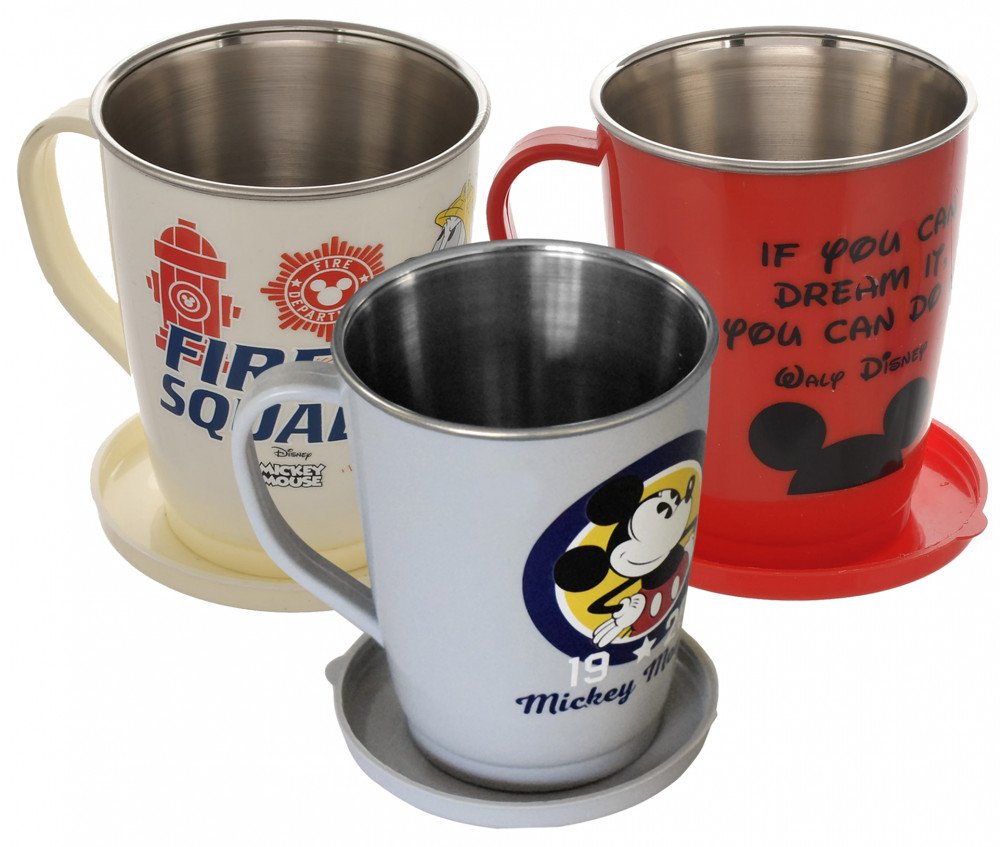Kuber Industries Disney Printed Food Grade BPA Free Tea/Coffee Mug for Coffee Tea Cocoa, Camping Mugs with Lid, Pack of 3 (Cream &amp; Grey &amp; Red)