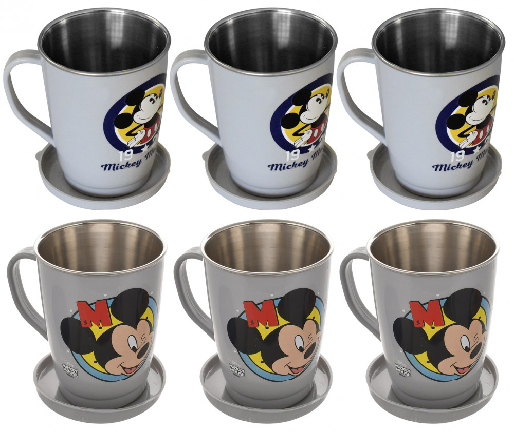 Kuber Industries Disney Printed Food Grade BPA Free Tea/Coffee Mug for Coffee Tea Cocoa, Camping Mugs with Lid, Pack of 6 (Light Grey &amp; Grey)