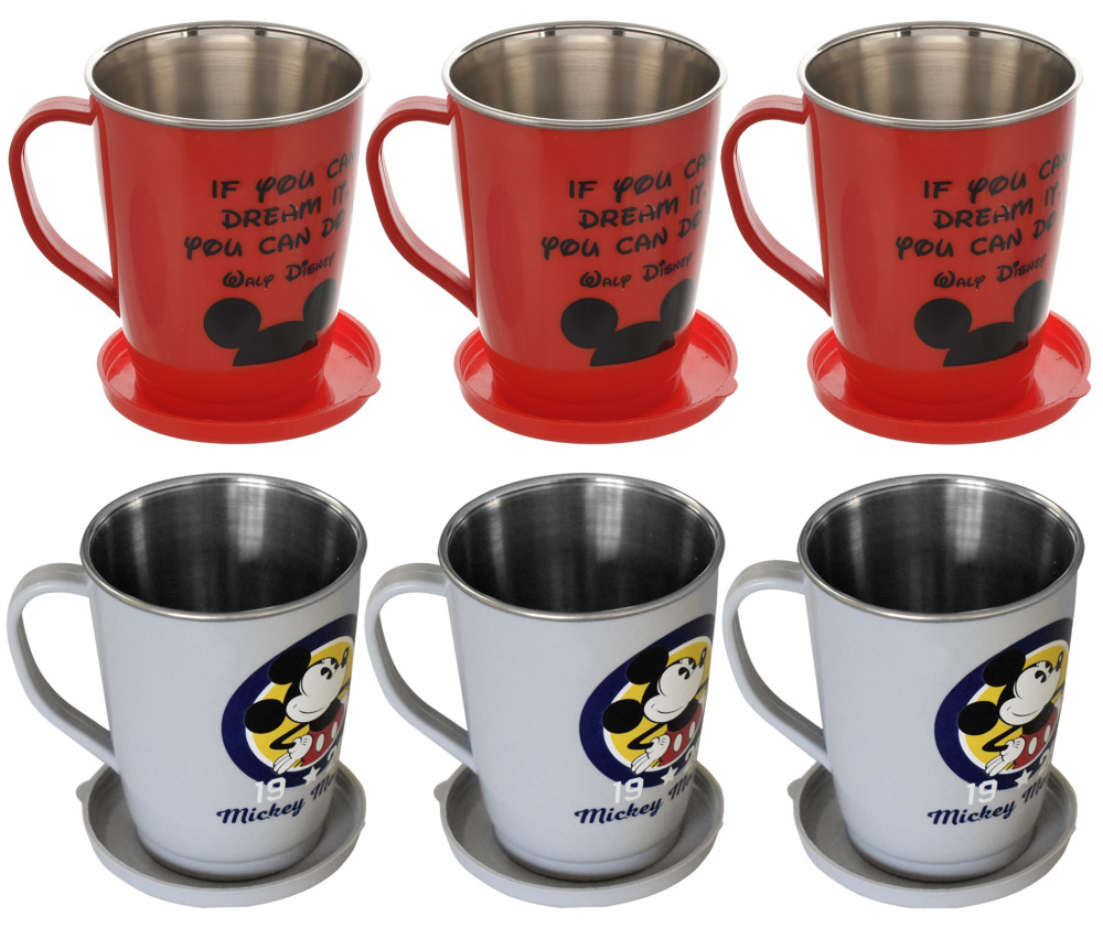 Kuber Industries Disney Printed Food Grade BPA Free Tea/Coffee Mug for Coffee Tea Cocoa, Camping Mugs with Lid, Pack of 6 (Grey &amp; Red)