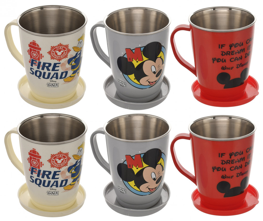 Kuber Industries Disney Printed Food Grade BPA Free Tea/Coffee Mug for Coffee Tea Cocoa, Camping Mugs with Lid, Pack of 6 (Light Grey &amp; Cream &amp; Red)