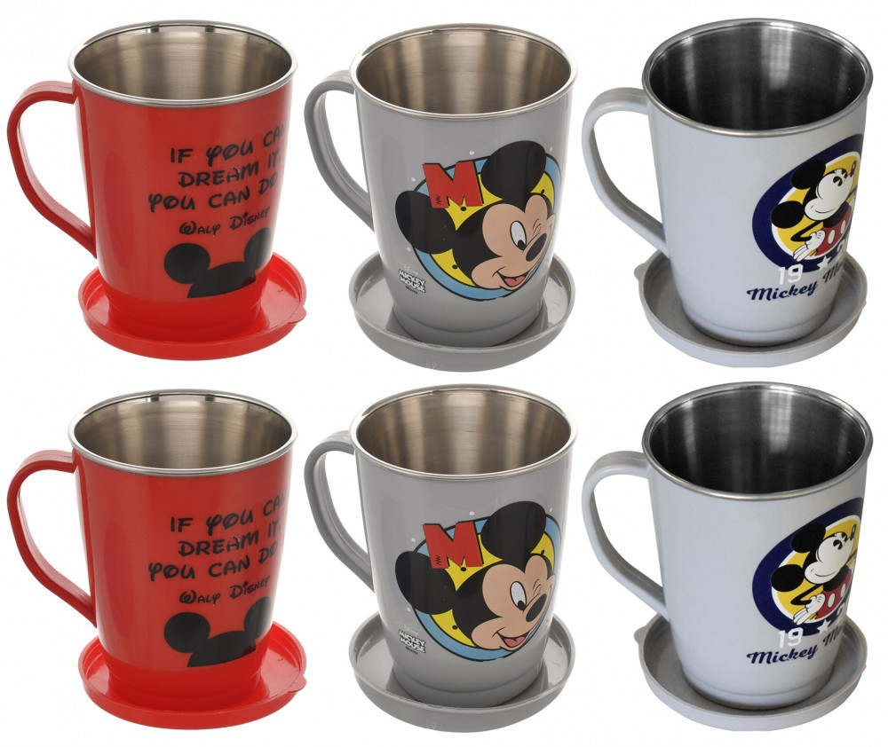 Kuber Industries Disney Printed Food Grade BPA Free Tea/Coffee Mug for Coffee Tea Cocoa, Camping Mugs with Lid, Pack of 6 (Light Grey &amp; Grey &amp; Red)
