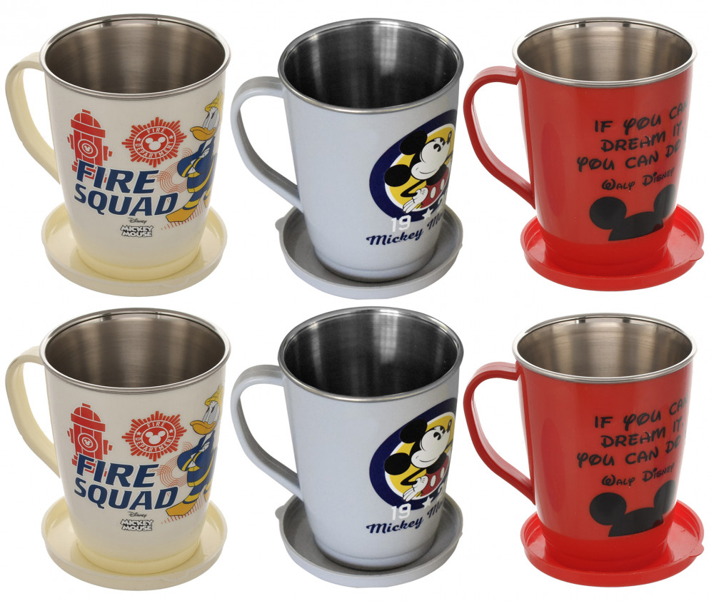 Kuber Industries Disney Printed Food Grade BPA Free Tea/Coffee Mug for Coffee Tea Cocoa, Camping Mugs with Lid, Pack of 6 (Cream &amp; Grey &amp; Red)