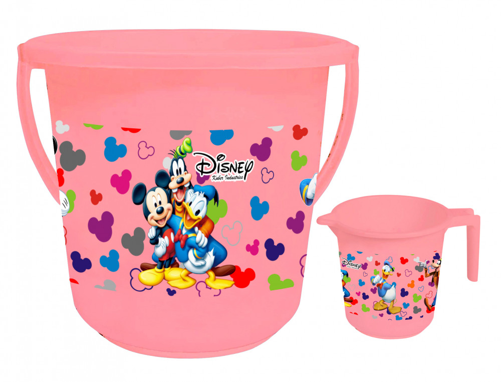Kuber Industries Disney Team Mickey Print  Unbreakable Virgin Plastic Bathroom Bucket With Mug Set- Pink, (16 LTR Bucket &amp;  500 ML Mug) -HS_35_KUBMART17481