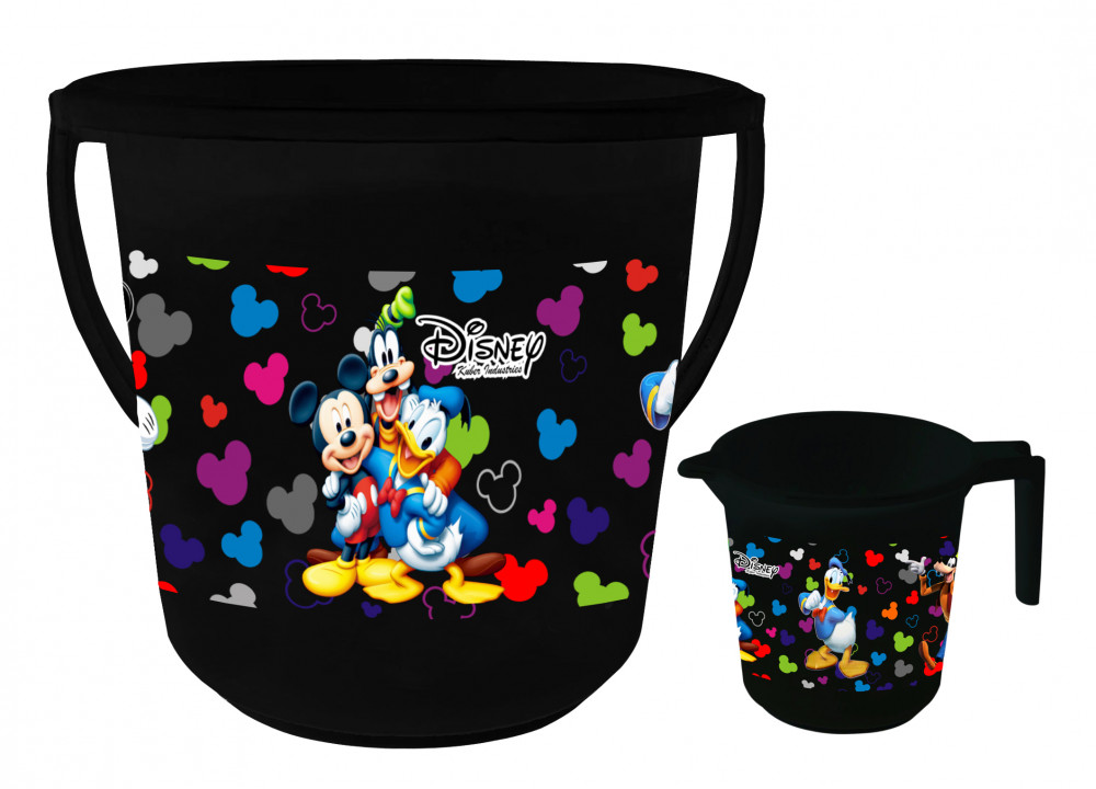 Kuber Industries Disney Team Mickey Print 2 Pieces Unbreakable Virgin Plastic Bathroom Bucket With Mug Set- Black, (16 LTR Bucket &amp; 500 ML Mug) -HS_35_KUBMART17493