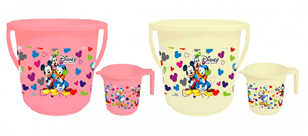 Kuber Industries Disney Team Mickey Print 4 Pieces Unbreakable Virgin Plastic Bathroom Bucket With Mug Set- Pink &amp; Cream, (2 Pc 16 LTR Bucket &amp; 2 Pc 500 ML Mug) -HS_35_KUBMART17501