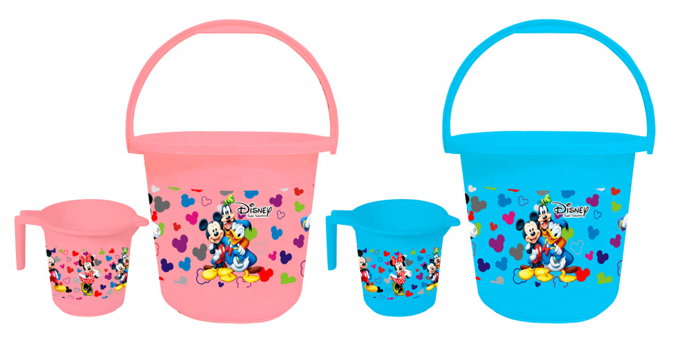 Kuber Industries Disney Team Mickey Print 4 Pieces Unbreakable Virgin Plastic Bathroom Bucket With Mug Set- Pink &amp; Blue, (2 Pc 16 LTR Bucket &amp; 2 Pc 500 ML Mug) -HS_35_KUBMART17503
