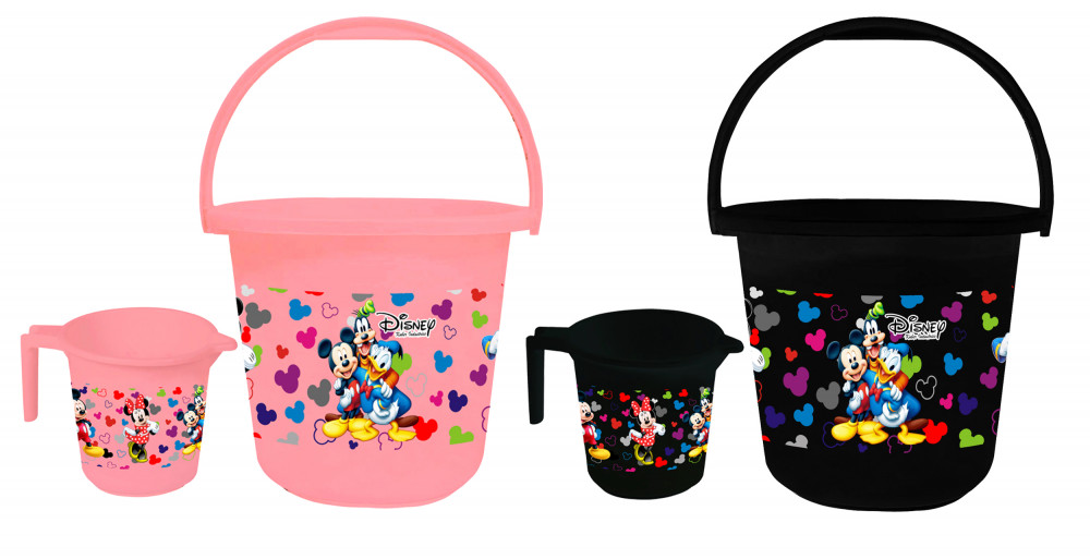 Kuber Industries Disney Team Mickey Print 4 Pieces Unbreakable Virgin Plastic Bathroom Bucket With Mug Set- Pink &amp; Black, (2 Pc 16 LTR Bucket &amp; 2 Pc 500 ML Mug) -HS_35_KUBMART17505