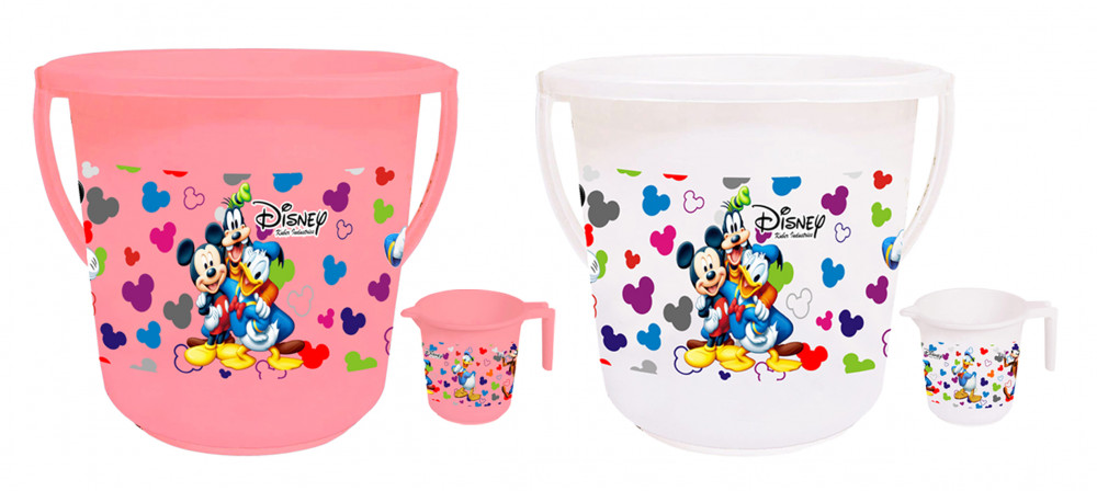 Kuber Industries Disney Team Mickey Print 4 Pieces Unbreakable Virgin Plastic Bathroom Bucket With Mug Set- Pink &amp; White, (2 Pc 16 LTR Bucket &amp; 2 Pc 500 ML Mug) -HS_35_KUBMART17507
