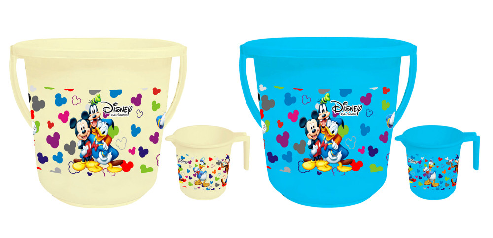 Kuber Industries Disney Team Mickey Print 4 Pieces Unbreakable Virgin Plastic Bathroom Bucket With Mug Set- Cream &amp; Blue, (2 Pc 16 LTR Bucket &amp; 2 Pc 500 ML Mug) -HS_35_KUBMART17509