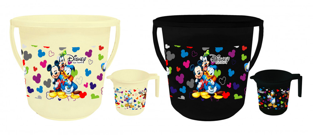 Kuber Industries Disney Team Mickey Print 4 Pieces Unbreakable Virgin Plastic Bathroom Bucket With Mug Set- Cream &amp; Black, (2 Pc 16 LTR Bucket &amp; 2 Pc 500 ML Mug) -HS_35_KUBMART17511