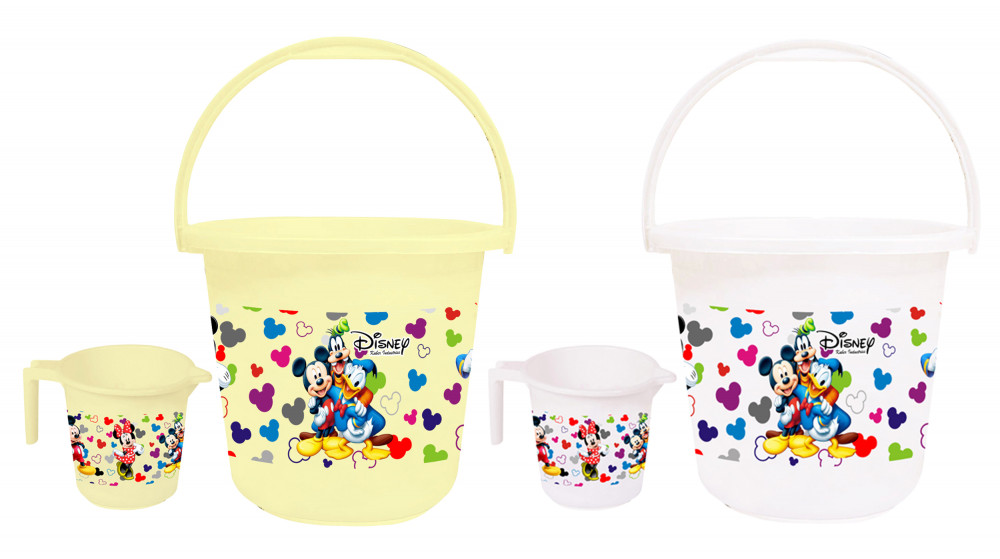 Kuber Industries Disney Team Mickey Print 4 Pieces Unbreakable Virgin Plastic Bathroom Bucket With Mug Set- Cream &amp; White, (2 Pc 16 LTR Bucket &amp; 2 Pc 500 ML Mug) -HS_35_KUBMART17513