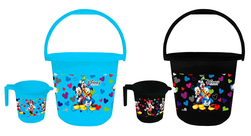 Kuber Industries Disney Team Mickey Print 4 Pieces Unbreakable Virgin Plastic Bathroom Bucket With Mug Set- Blue &amp; Black, (2 Pc 16 LTR Bucket &amp; 2 Pc 500 ML Mug) -HS_35_KUBMART17515