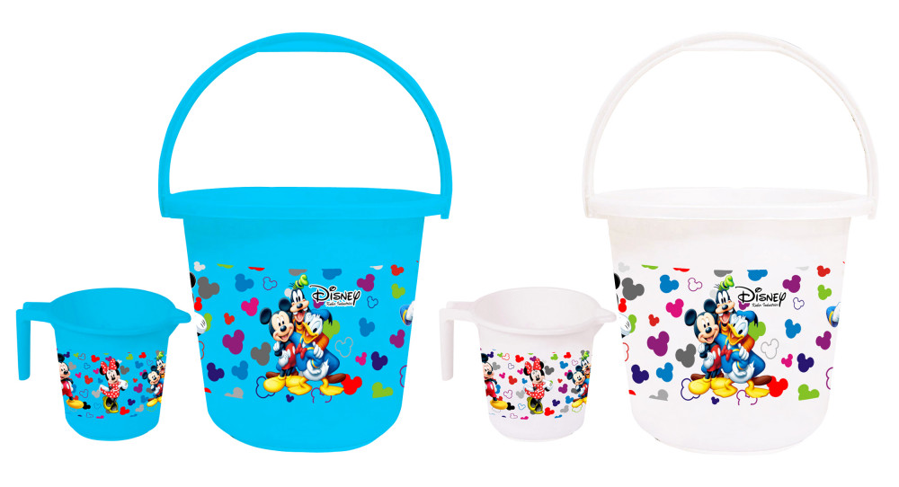 Kuber Industries Disney Team Mickey Print 4 Pieces Unbreakable Virgin Plastic Bathroom Bucket With Mug Set- Blue &amp; White, (2 Pc 16 LTR Bucket &amp; 2 Pc 500 ML Mug) -HS_35_KUBMART17517