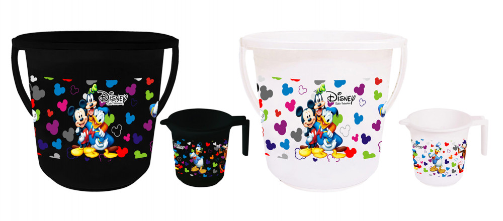 Kuber Industries Disney Team Mickey Print 4 Pieces Unbreakable Virgin Plastic Bathroom Bucket With Mug Set- Black &amp; White, (2 Pc 16 LTR Bucket &amp; 2 Pc 500 ML Mug) -HS_35_KUBMART17519