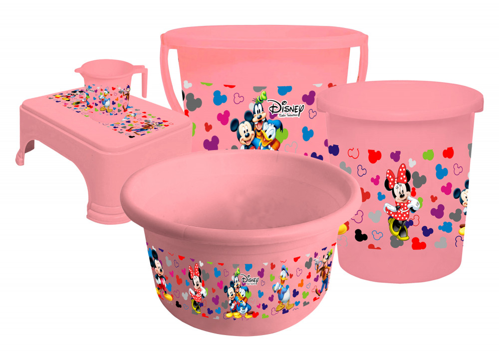 Kuber Industries Disney Team Mickey Print Plastic Bathroom Set of 5 Pieces with Bucket, Tub, Stool, Dustbin &amp; Mug (Pink)-KUBMART15273 -HS_35_KUBMART17521