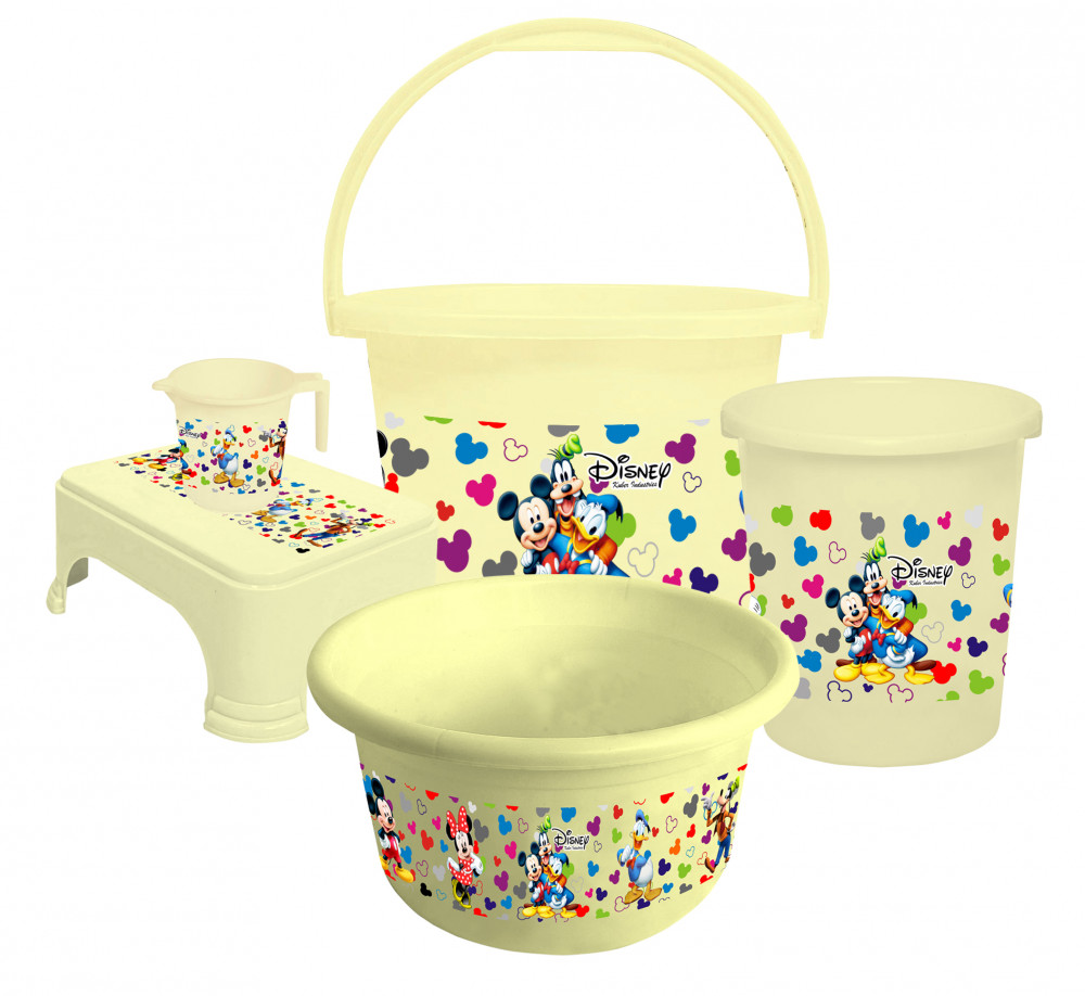 Kuber Industries Disney Team Mickey Print Plastic Bathroom Set of 5 Pieces with Bucket, Tub, Stool, Dustbin &amp; Mug (Cream)-KUBMART15273 -HS_35_KUBMART17523