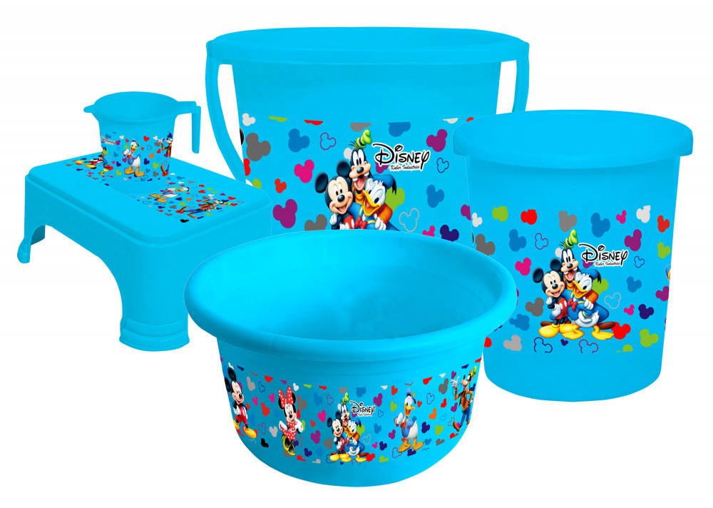 Kuber Industries Disney Team Mickey Print Plastic Bathroom Set of 5 Pieces with Bucket, Tub, Stool, Dustbin &amp; Mug (Blue)-KUBMART15273 -HS_35_KUBMART17525