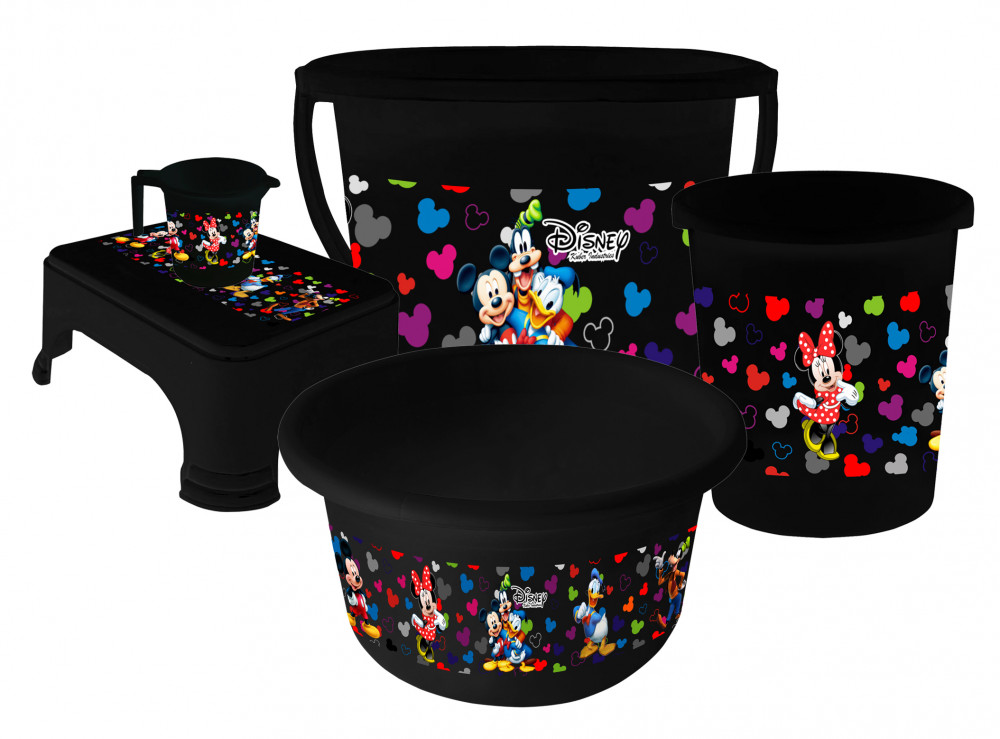 Kuber Industries Disney Team Mickey Print Plastic Bathroom Set of 5 Pieces with Bucket, Tub, Stool, Dustbin &amp; Mug (Black)-KUBMART15273 -HS_35_KUBMART17527