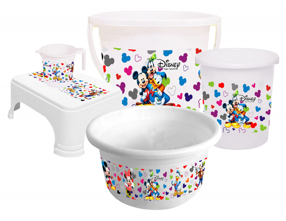 Kuber Industries Disney Team Mickey Print Plastic Bathroom Set of 5 Pieces with Bucket, Tub, Stool, Dustbin &amp; Mug (White)-KUBMART15273 -HS_35_KUBMART17529