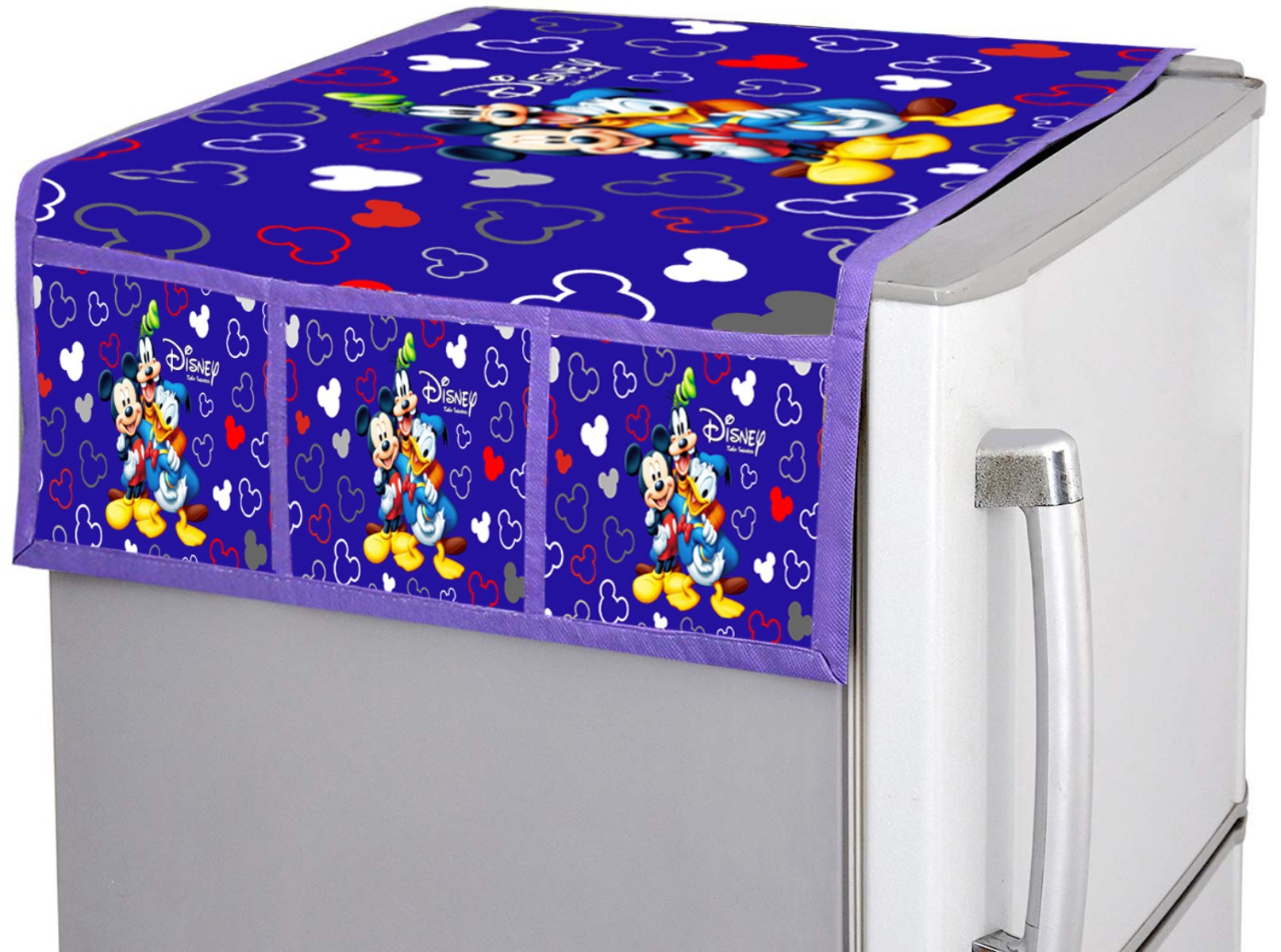 Kuber Industries Disney Team Mickey Print Silk Special long Crush 3-Layered Fridge/Refrigerator Top Cover with 6 Utility Pockets,Royal Blue
