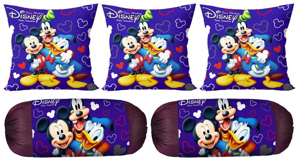 Kuber Industries Disney Team Mickey Print Silk Special long Crush Bolster Cover &amp; Cushion Cover Set Of 5 Pcs (Royal Blue)