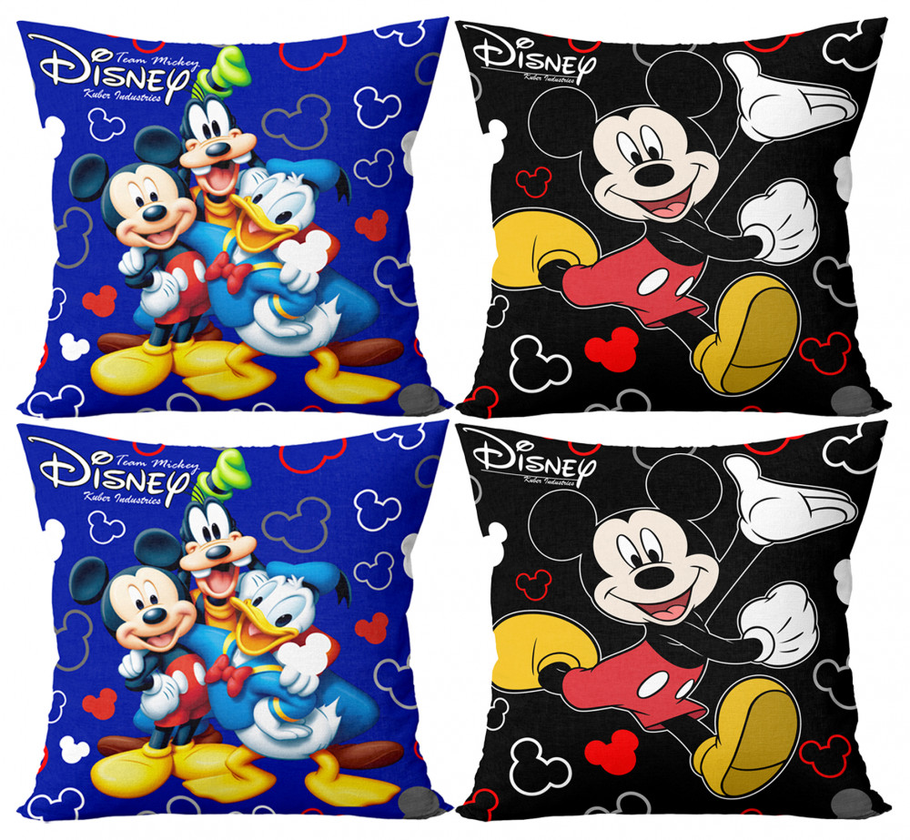 Kuber Industries Disney Team Mickey Print Silk Special long Crush Cushion Covers (16&quot;x16&quot;) Set of 4, Royal Blue &amp; Black