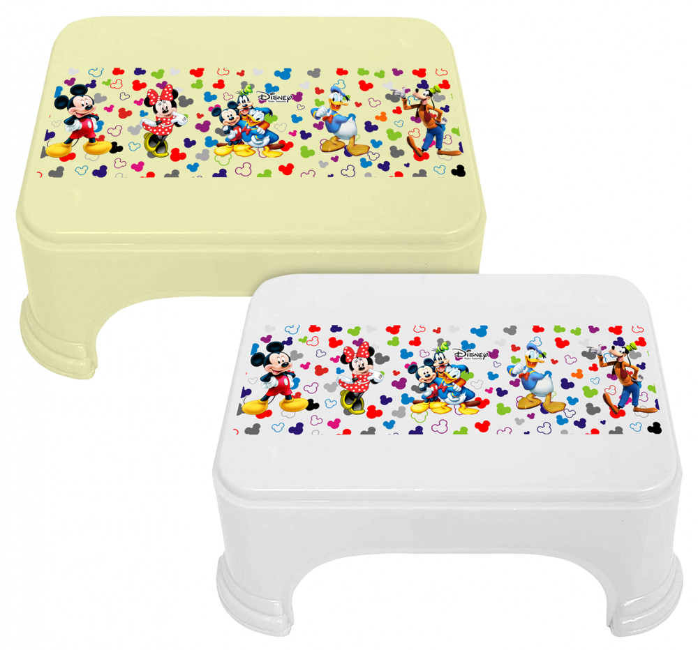 Kuber Industries Disney Team Mickey Print Square Plastic Bathroom Stool (Set of 2, Cream &amp; White) -HS_35_KUBMART17295