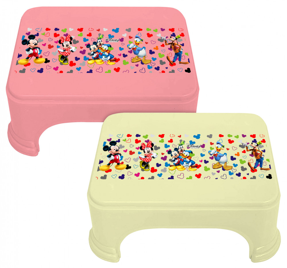 Kuber Industries Disney Team Mickey Print Square Plastic Bathroom Stool (Set of 2, Pink &amp; Cream) -HS_35_KUBMART17283