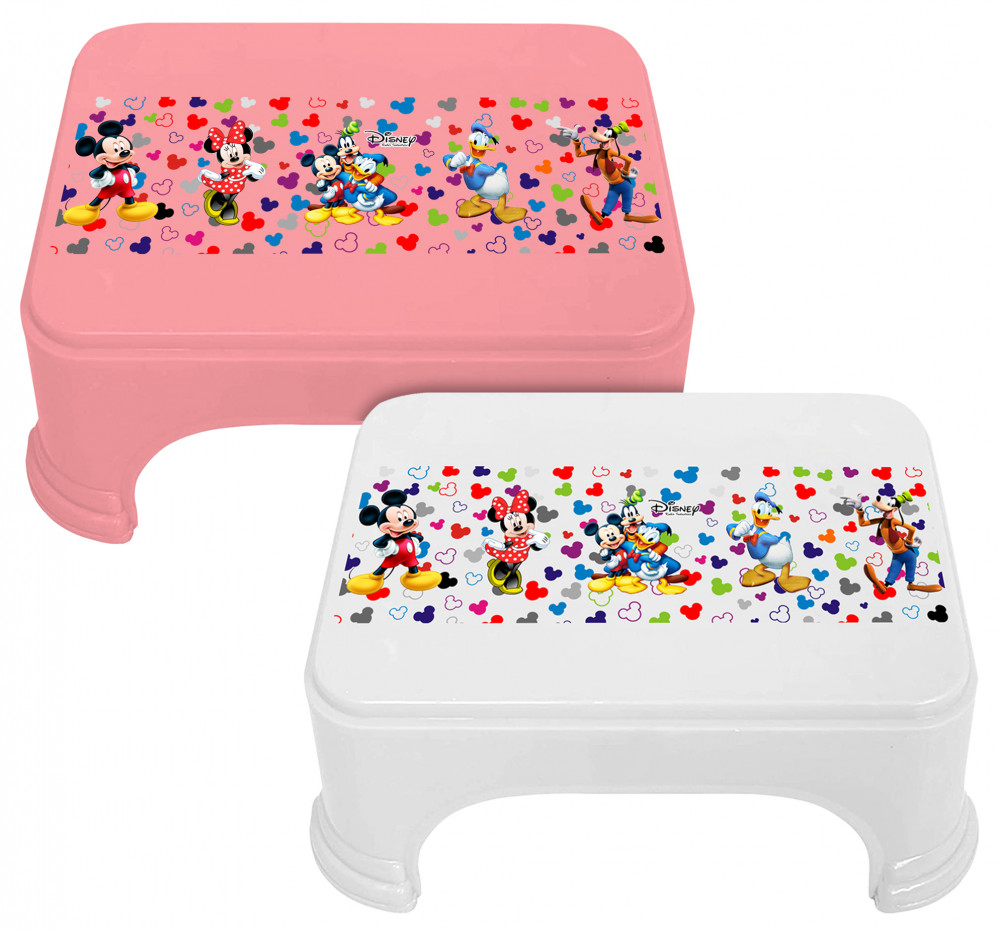 Kuber Industries Disney Team Mickey Print Square Plastic Bathroom Stool (Set of 2, Pink &amp; White) -HS_35_KUBMART17289