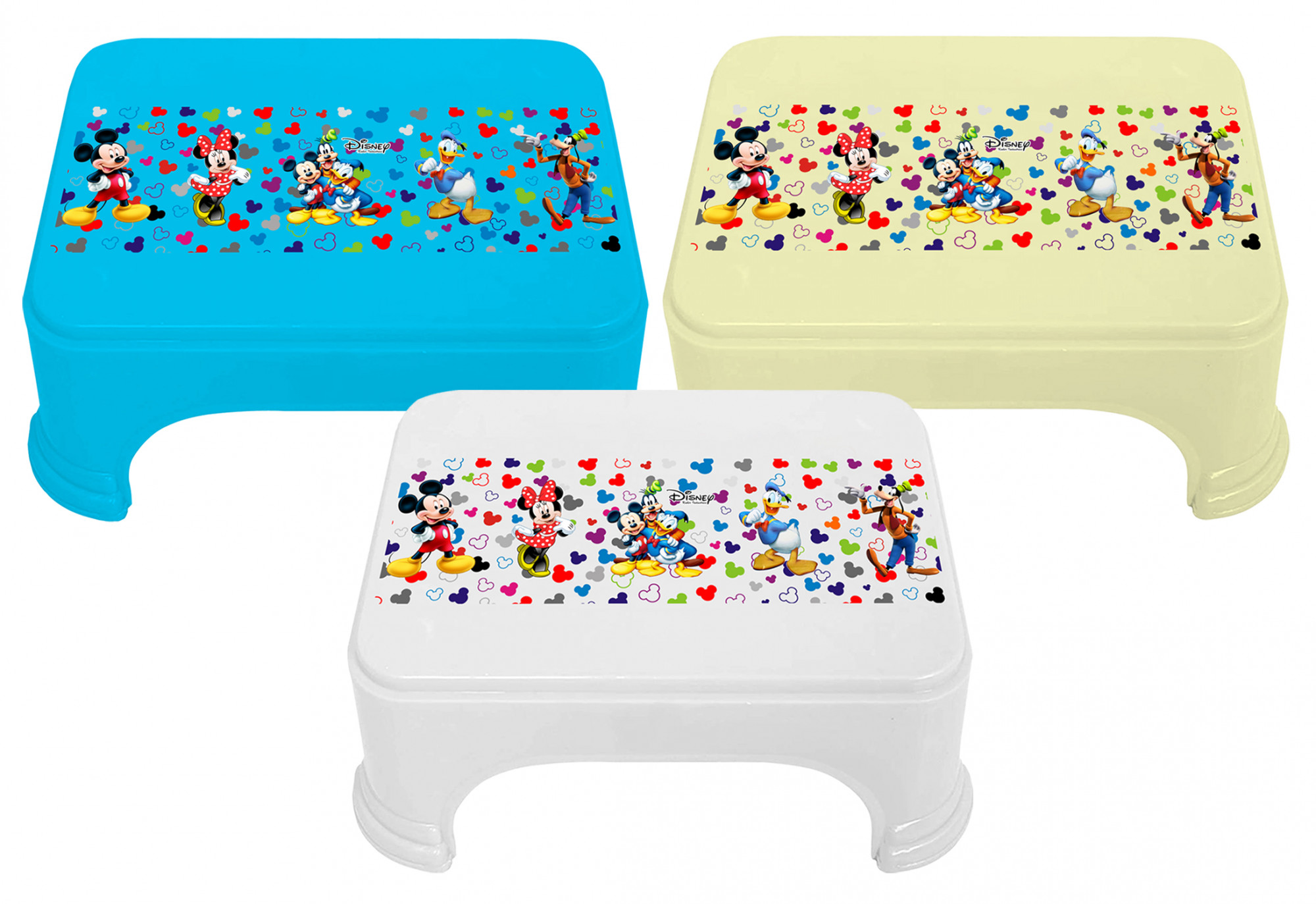 Kuber Industries Disney Team Mickey Print Square Plastic Bathroom Stool (Set of 3, Cream & Blue & White) -HS_35_KUBMART17311