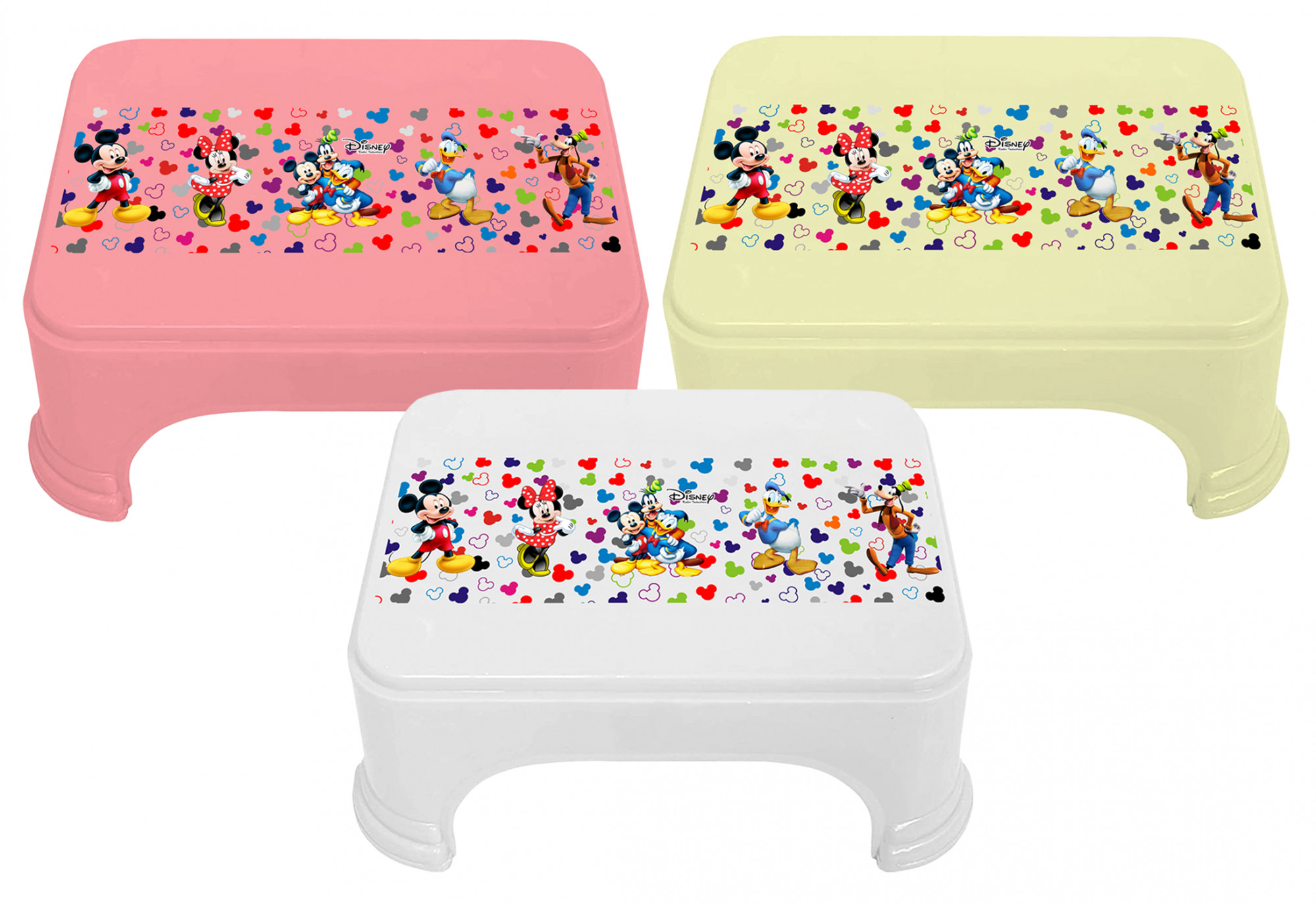 Kuber Industries Disney Team Mickey Print Square Plastic Bathroom Stool (Set of 3, Pink & Cream & White) -HS_35_KUBMART17307