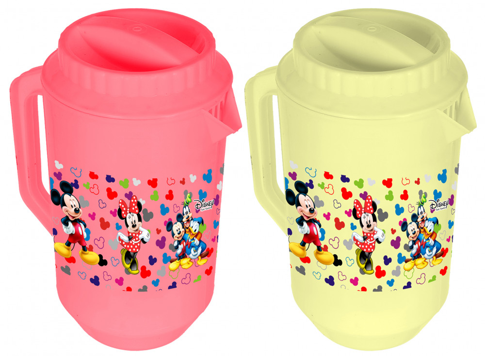 Kuber Industries Disney Team Mickey Print Unbreakable Multipurpose Plastic Water &amp; Juice Jug With Lid,2 Ltr (Set Of 2, Pink &amp; Cream)
