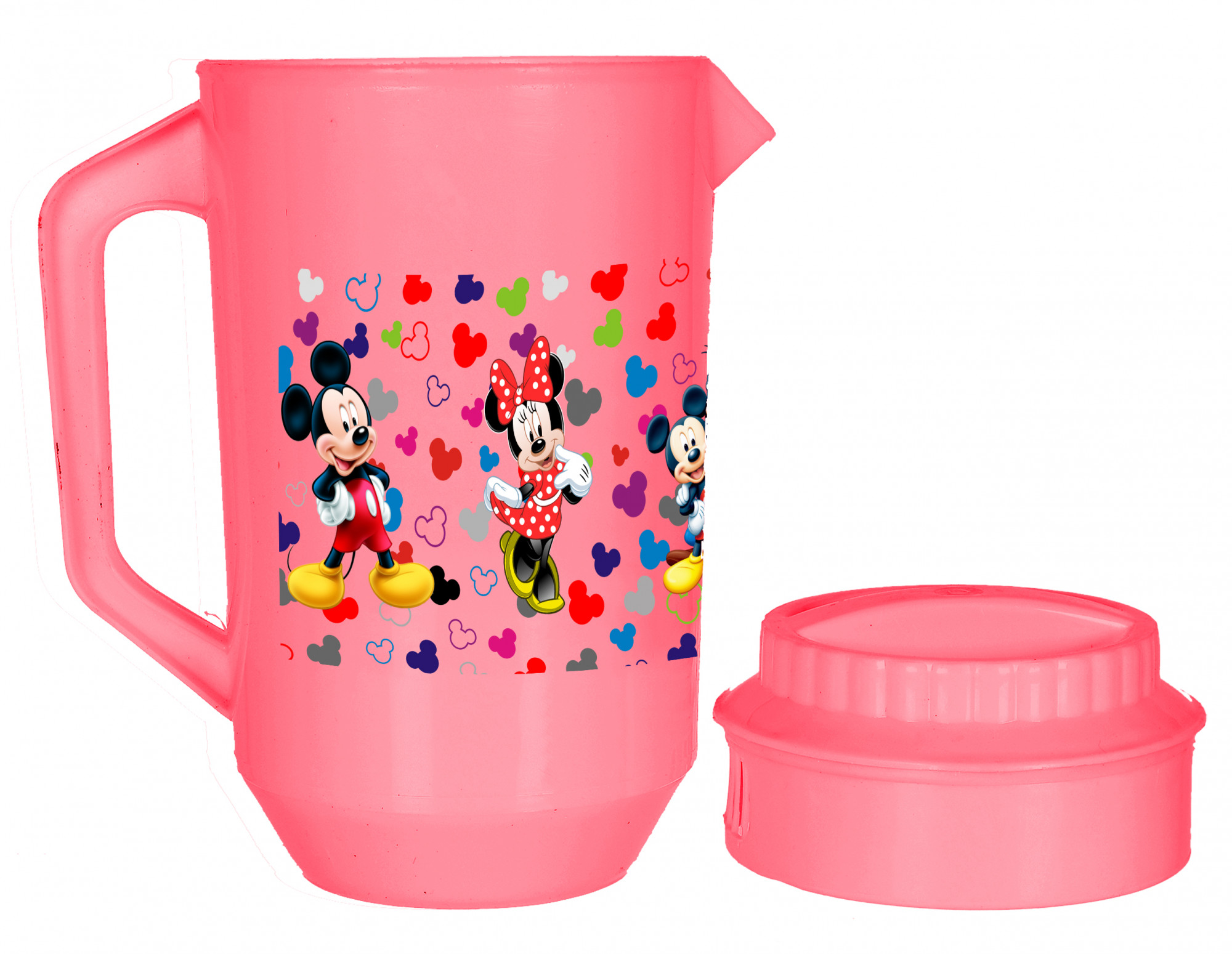 Kuber Industries Disney Team Mickey Print Unbreakable Multipurpose Plastic Water & Juice Jug With Lid,2 Ltr (Set Of 2, Pink & Cream)