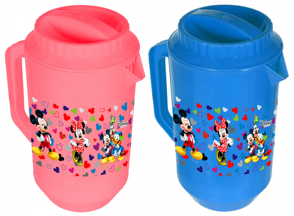 Kuber Industries Disney Team Mickey Print Unbreakable Multipurpose Plastic Water &amp; Juice Jug With Lid,2 Ltr (Set Of 2, Pink &amp; Blue)