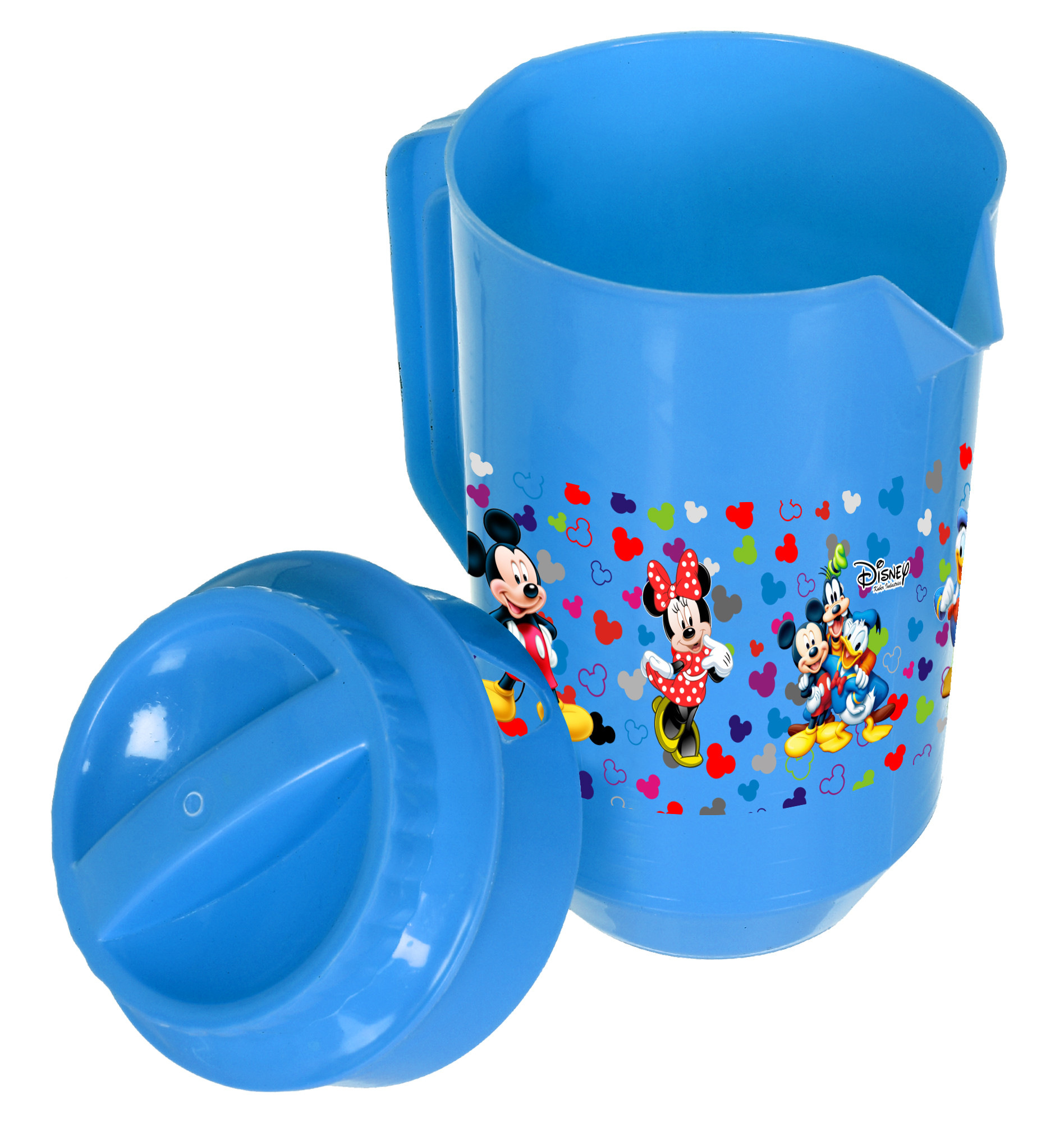 Kuber Industries Disney Team Mickey Print Unbreakable Multipurpose Plastic Water & Juice Jug With Lid,2 Ltr (Set Of 2, Pink & Blue)