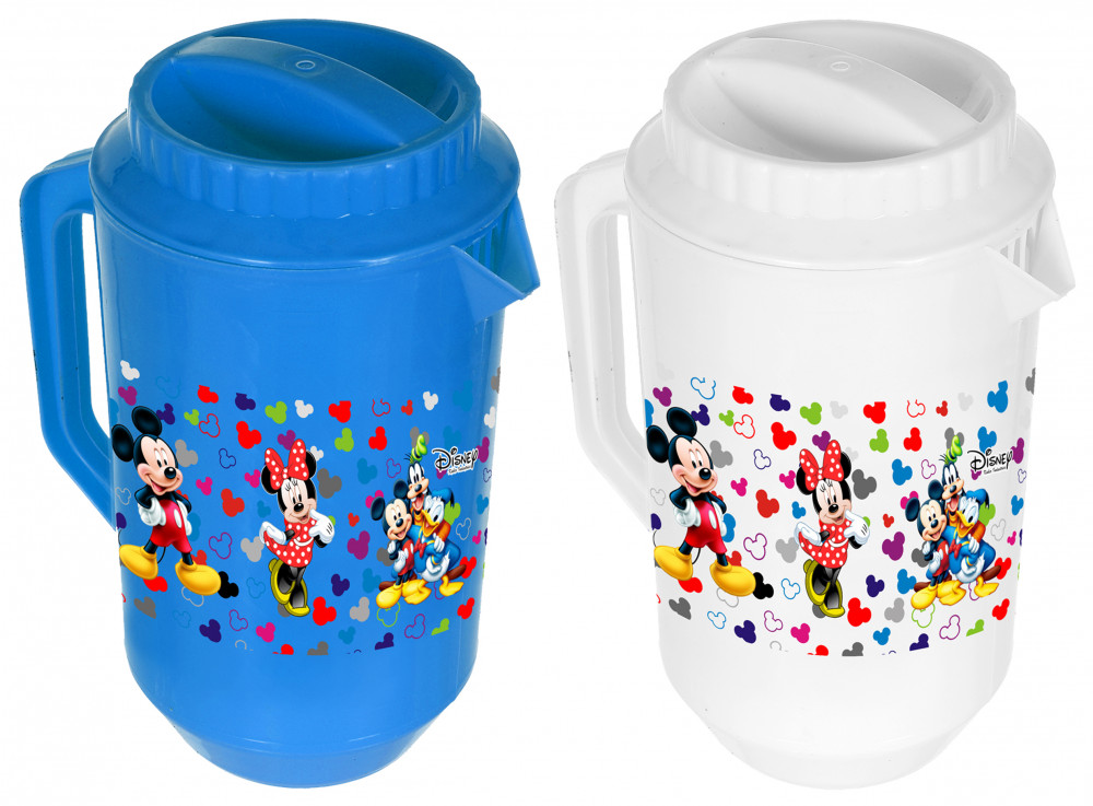 Kuber Industries Disney Team Mickey Print Unbreakable Multipurpose Plastic Water &amp; Juice Jug With Lid,2 Ltr (Set Of 2, Blue &amp; White)
