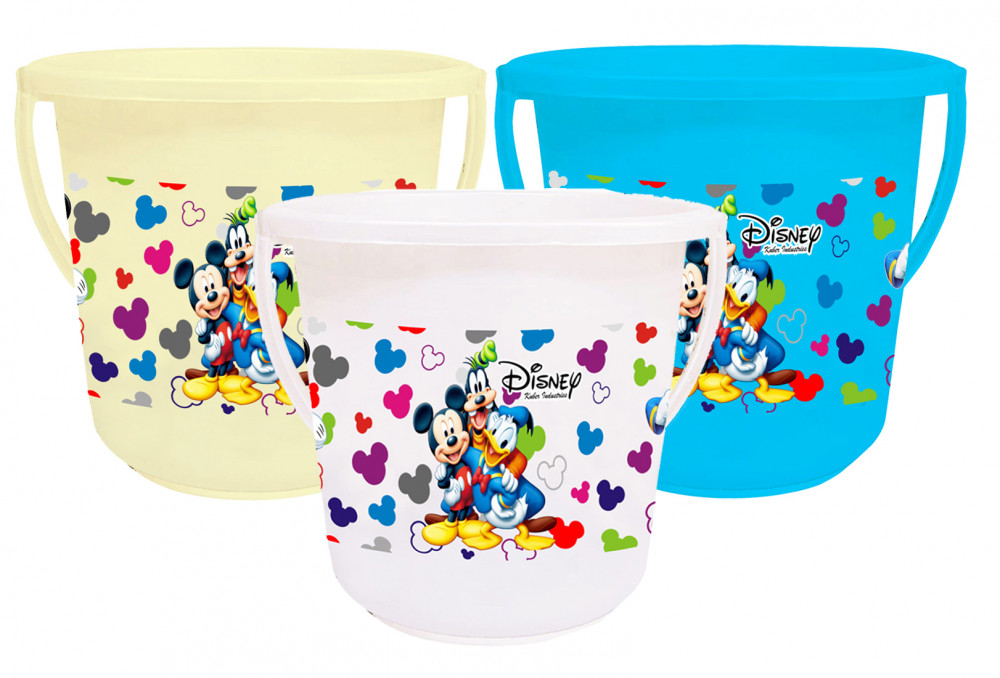 Kuber Industries Disney Team Mickey Print Unbreakable Virgin Plastic Strong Bathroom Bucket ,16 LTR (Cream &amp; Blue &amp; White)-Pack of 3 -HS_35_KUBMART17435