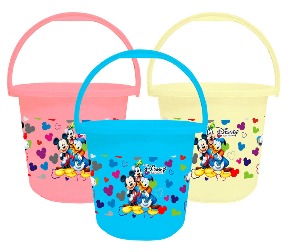 Kuber Industries Disney Team Mickey Print Unbreakable Virgin Plastic Strong Bathroom Bucket ,16 LTR (Pink &amp; Cream &amp; Blue)-Pack of 3 -HS_35_KUBMART17427