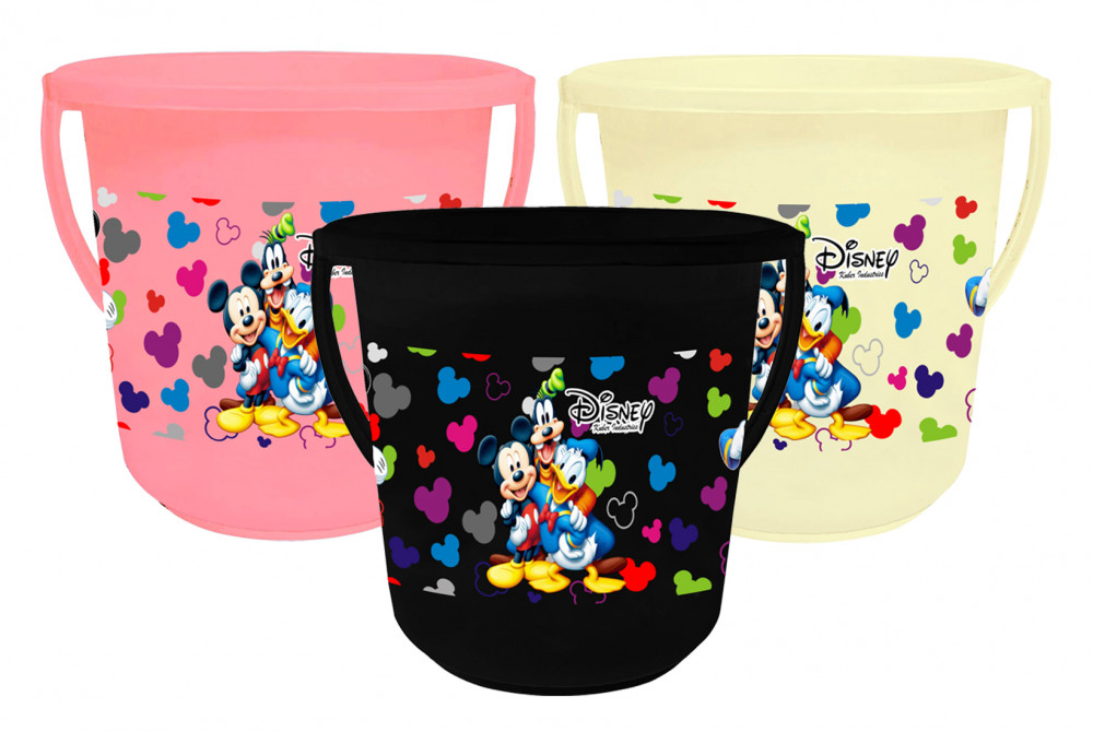 Kuber Industries Disney Team Mickey Print Unbreakable Virgin Plastic Strong Bathroom Bucket ,16 LTR (Pink &amp; Cream &amp; Black)-Pack of 3 -HS_35_KUBMART17429